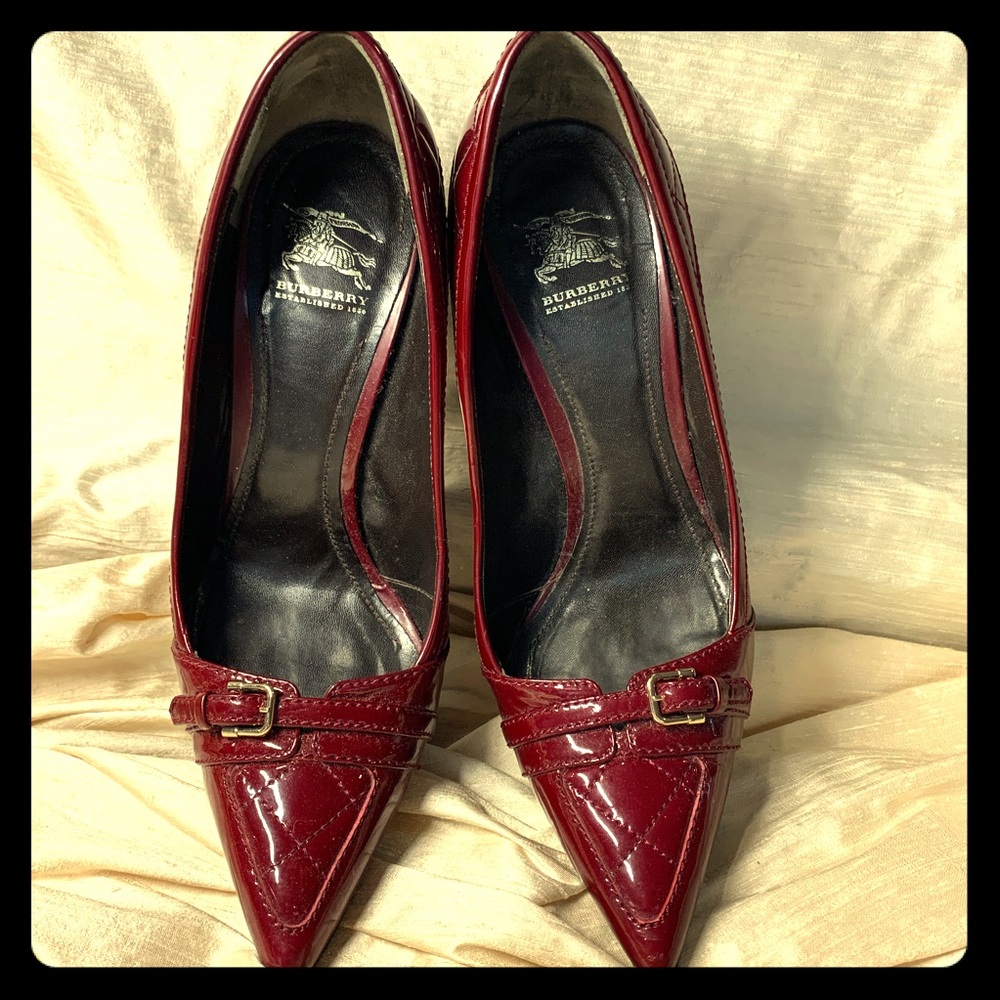 Burberry Burgundy Patent Pointed-Toe Heels with Buckle Detail